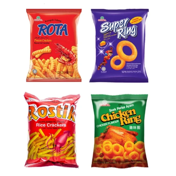 Rota Prawn Snack   Super Ring Cheese   Chicken Ring   Rostik Cuttlefish   Green Pea 10packs
